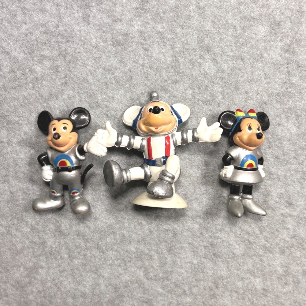 Vintage Disney Space Astronaut Mickey Minnie Mouse PVC Figures Set of 3 Silver